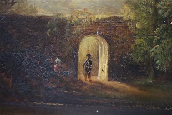 19th century English School, oil on board, Figures in an Indian? landscape, 44 x 59cm